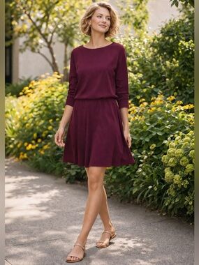 Le Muse Burgundy Fit & Flare Dress Long Sleeve Button Back Size S